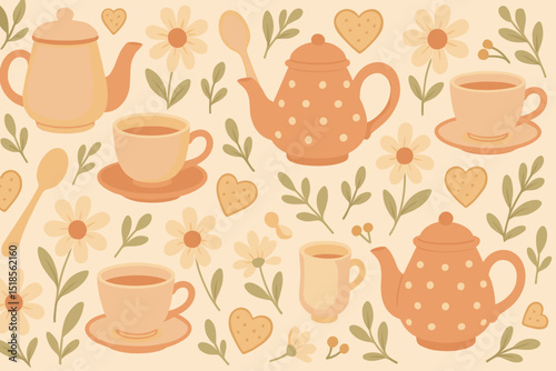 Warm tea time with floral patterns and charming teapots and cups on a soothing background