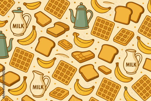 Breakfast items background pattern featuring milk, bread, bananas, and waffles in warm colors
