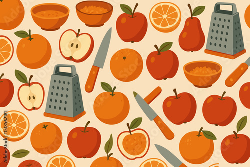 Colorful kitchen pattern featuring fruits, bowls, and kitchen tools in a vibrant design showcasing oranges and apples
