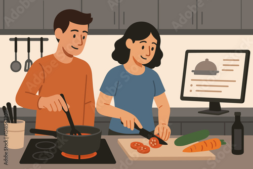 Couple cooking together in a modern kitchen while following a recipe on a computer screen