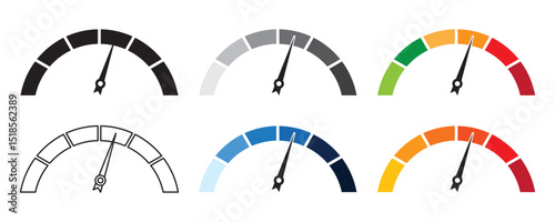 speedometer icon set .Speedometer speed vector icon set, gauge meter, dashboard elements for automotive, speed measurement. Vector set for car speed, fuel, RPM, tachometer. Black speed dials 