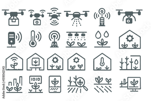 Innovative agricultural technology depicted in icons highlighting remote sensing, automation, and greenhouse management strategies
