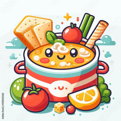 Animated soup bowl with smiling face surrounded by bread vegetables and citrus fruits
