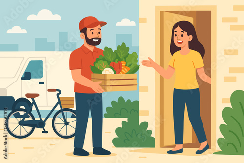 Delivery person hands over fresh vegetables and fruits to a smiling woman at her doorstep in a cheerful neighborhood