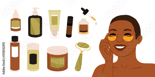 Woman applying cleansing and moisturizing face skincare products at home. Everyday skin care routine with cleanser and moisturizer. Colored flat graphic vector illustration isolated on white