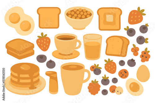 Delicious breakfast spread featuring pancakes, fruits, and beverages arranged artfully on a light background