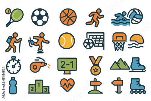 Collection of sports icons representing various activities like tennis, soccer, basketball, and swimming enjoyed in outdoor settings