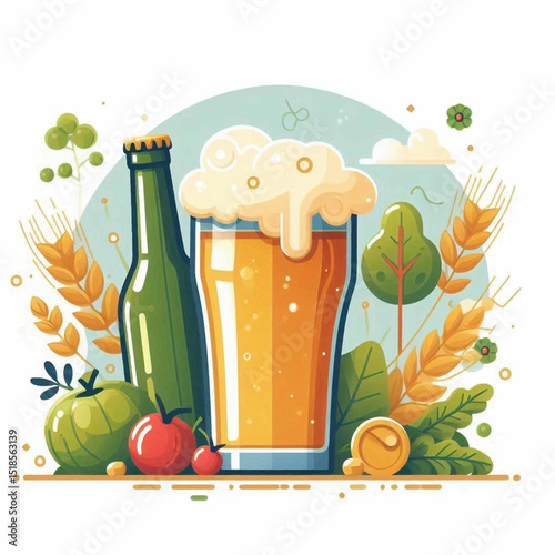Beer glass  bottle sit among wheat fruit  foliage on a light blue backdrop