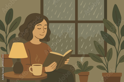Cozy reading moment in a warm interior during rainfall with plants and a cup of coffee