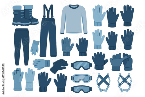 Winter sports gear collection featuring boots, gloves, and goggles for outdoor adventures in cold weather conditions