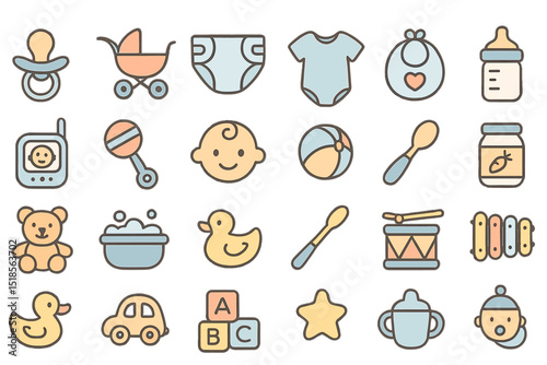 Colorful baby items arranged in a playful design featuring toys, clothes, and feeding accessories