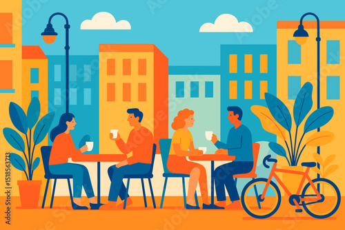 People enjoying beverages at outdoor cafe in urban setting during sunny day