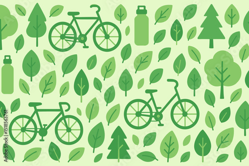 Green bicycles and nature motifs create a vibrant pattern reflecting outdoor adventure and eco-friendliness