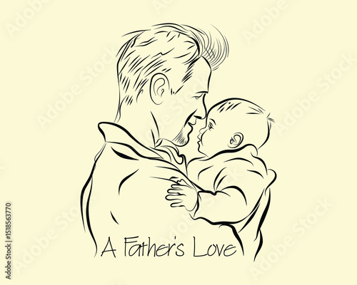 Heartwarming line art of a father lovingly holding his baby. This tender sketch captures the emotional bond between a father and child, suitable for Father’s Day, parenting, or family-themed projects.