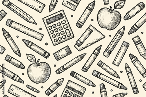 Colorful school supplies arranged in a visually appealing pattern featuring apples, pencils, and a calculator on a light background