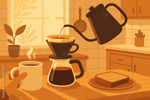 Morning coffee brewing process in a cozy kitchen setting with a warm ambiance