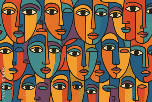 Colorful abstract faces express diversity and emotion in vibrant patterns and shapes