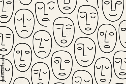 Seamless pattern of abstract sad faces in minimalist line art