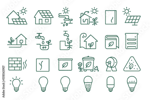 Icons showcasing renewable energy solutions and sustainable living practices in a modern graphic style