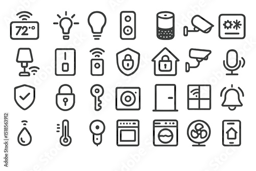 Smart home icons representing various devices and tools for modern living and automation in a digital setting