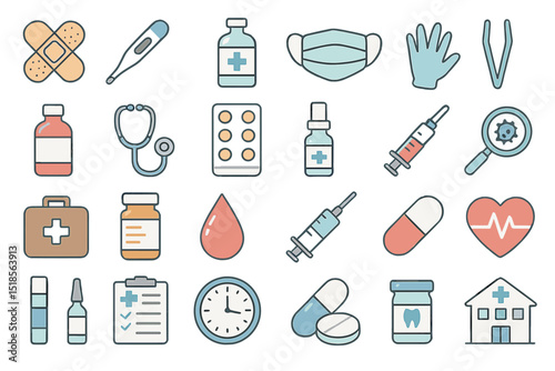 Set of soft-colored medical and health icons for clinical use