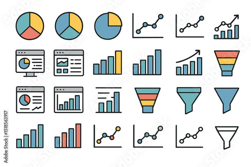 Variety of colorful charts and graphs representing data analysis and visualization concepts in a modern style