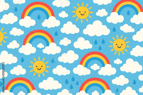 Colorful pattern of rainbows, suns, and clouds on a bright blue background for cheerful decoration