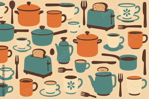 Kitchen utensils and tableware in vibrant colors arranged in a playful pattern for home decor