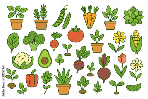 Colorful hand-drawn vegetable and garden plant icon set with herbs