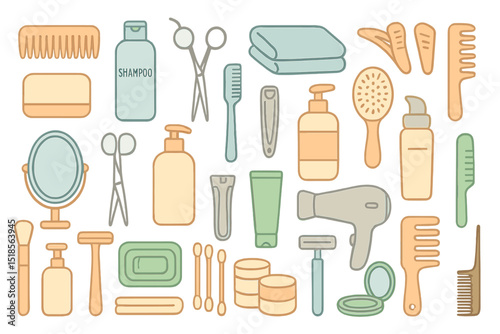 Hand-drawn pastel personal care icon set with grooming and hygiene tools