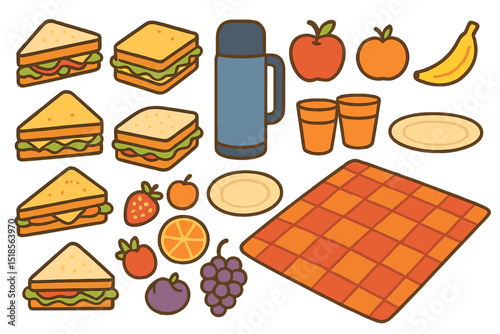 Picnic setup with sandwiches and fruits on a checkered blanket in a sunny outdoor park