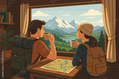 Couple enjoys coffee while gazing at mountains and lake through the window of a wooden cabin in nature
