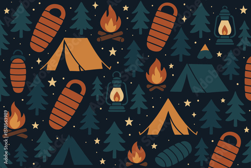 Camping icons with tents, campfires, and trees set against a dark background, perfect for outdoor adventure themes
