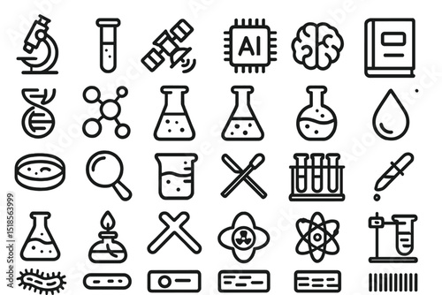 Collection of simple line icons depicting scientific tools, symbols, and concepts for educational and creative use