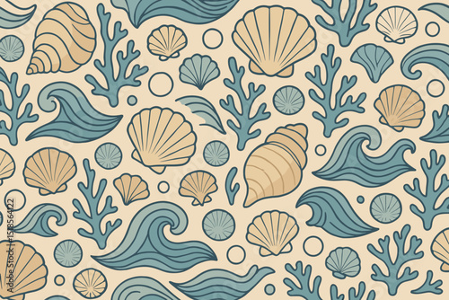 Seamless beach-themed pattern with shells, waves, and coral in soft tones