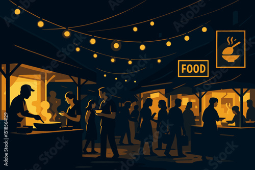 Evening food market bustling with activity and warm lights during a summer night