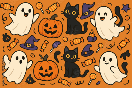 Playful Halloween pattern with black cats, ghosts, pumpkins, and candy