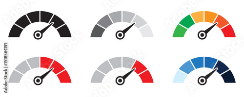 Speedometer icon, tachometer icon. Speed indicator icon set. Rating meter signs performance concept. Dashboard level scale icon. vector illustration.