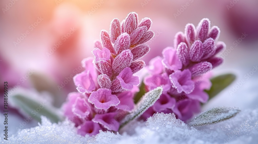 Frosted lavender in snow. Soft focus, vibrant pink flowers in winter wonderland Frosted lavender in snow. Soft focus, vibrant pink flowers in winter wonderland
