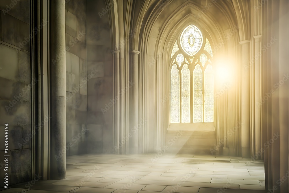 Fototapeta premium Sun-drenched interior of an ancient stone cathedral with arched windows, pillars, and a hazy, ethereal atmosphere