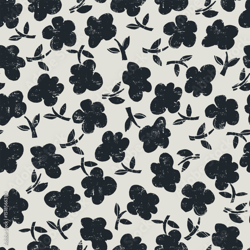Seamless pattern with hand drawn meadow bold flowers. Floral Block Prints inspired by printmaking that uses wooden blocks to transfer repeating designs onto textiles.