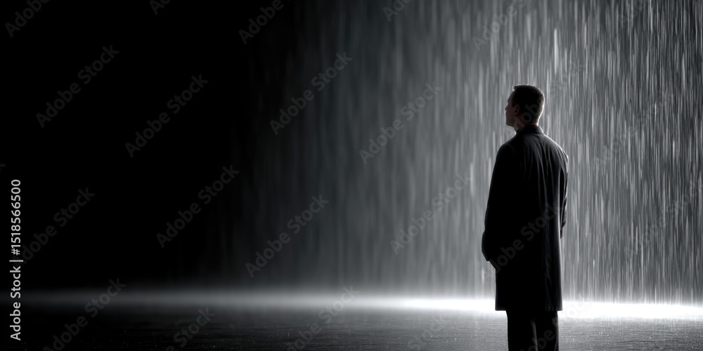 Fototapeta premium Solitary Man Standing in the Rain Under Dramatic Light
