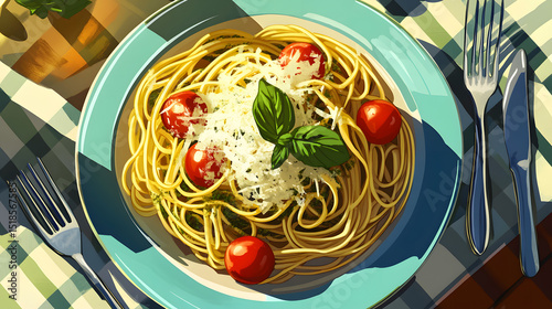 food, pasta, spaghetti, plate, dinner, meal, dish, cuisine, noodles, sauce, italian, salad, tomato, lunch, delicious, basil, cheese, vegetable, meat, healthy, gourmet, white, shrimp, cooked, green