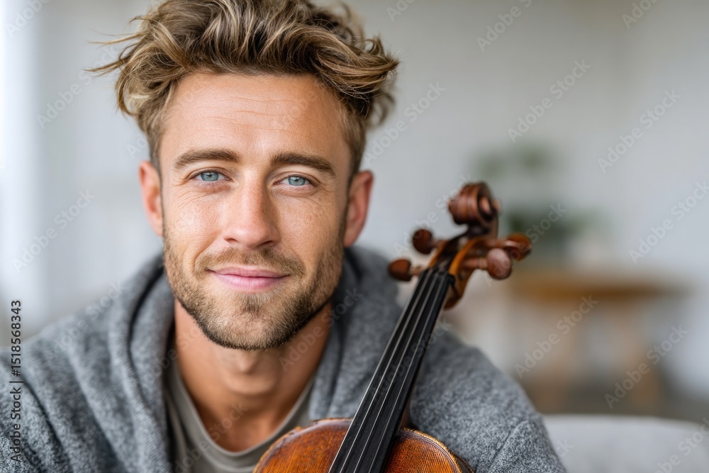 Handsome Man with Violin Indoors Handsome Man with Violin Indoors