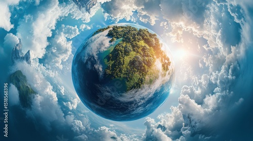 In a blue celestial expanse, a green tiny planet is illuminated by sunlight and cradled by lovely clouds, presenting a 360-degree spherical panorama transformation. This unique vantage point captures