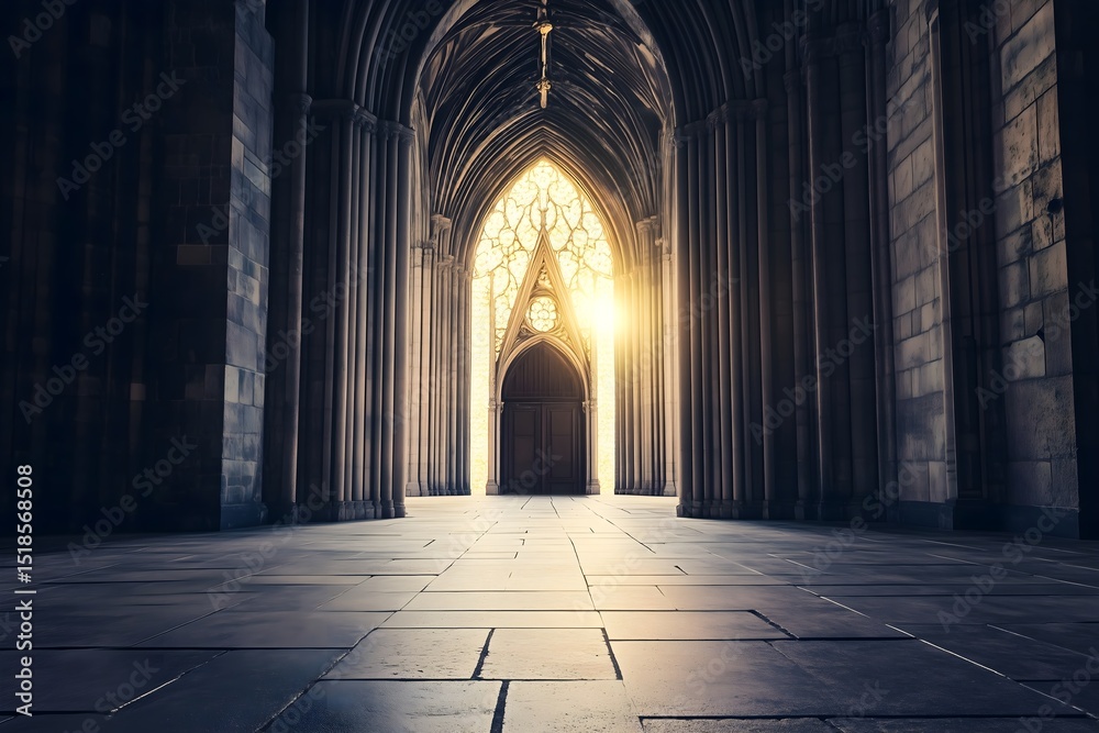 Fototapeta premium Grand Gothic Architecture Interior with Arched Doorway and Sunlight