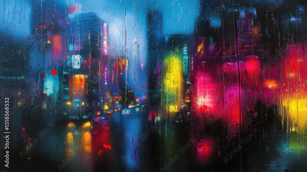 Obraz premium Moody rain-soaked cityscape with blurred neon lights reflected on wet windowpane, viewed through misty glass, with dark vibrant colors swirling.