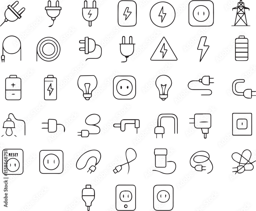 set of icons charger, battery, switch, bulb, socket, wire set of icons charger, battery, switch, bulb, socket, wire