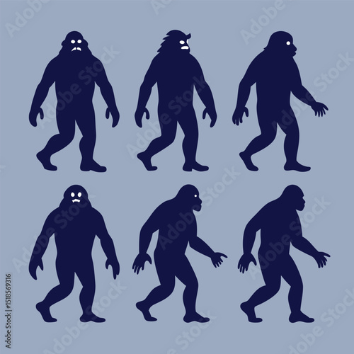 Six Silhouetted Bigfoot Figures Walking on a Light Gray Background Each with Unique Facial Features and Body Shapes Rendered in a Flat Graphic