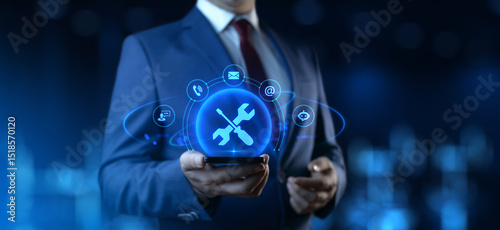 Businessman Holding smartphone with Technical Support Icons on Screen. Customer Service and Support concept